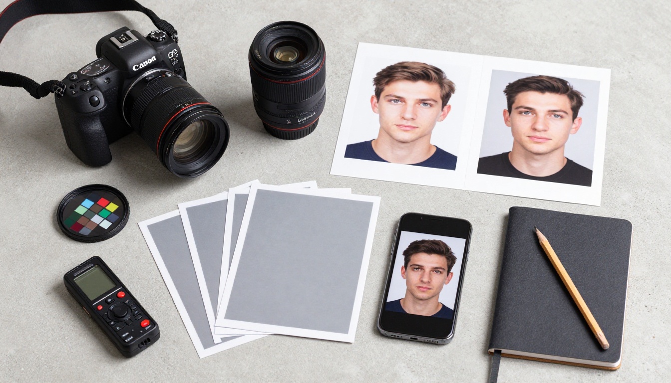 Aerial overhead flatlay of photography tools showing composition planning Aerial overhead flatlay of photography tools showing composition planning