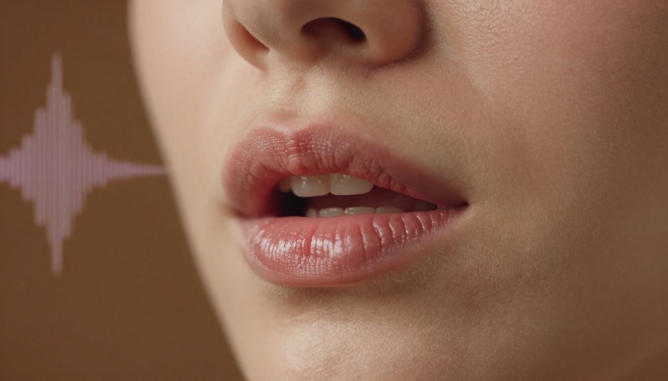 Close-up of woman's face with lipsync audio visualization in background