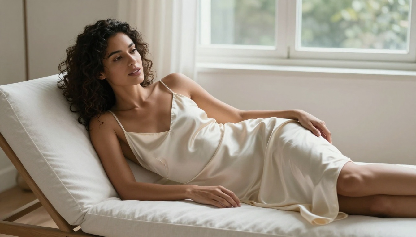 Glamour woman in cream satin dress on chaise lounge by window