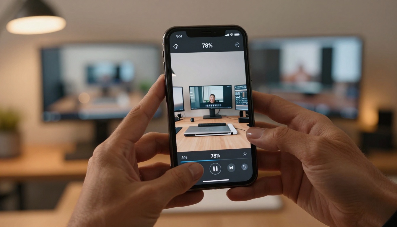 Close-up of hands holding a phone showing an AI generation progress bar