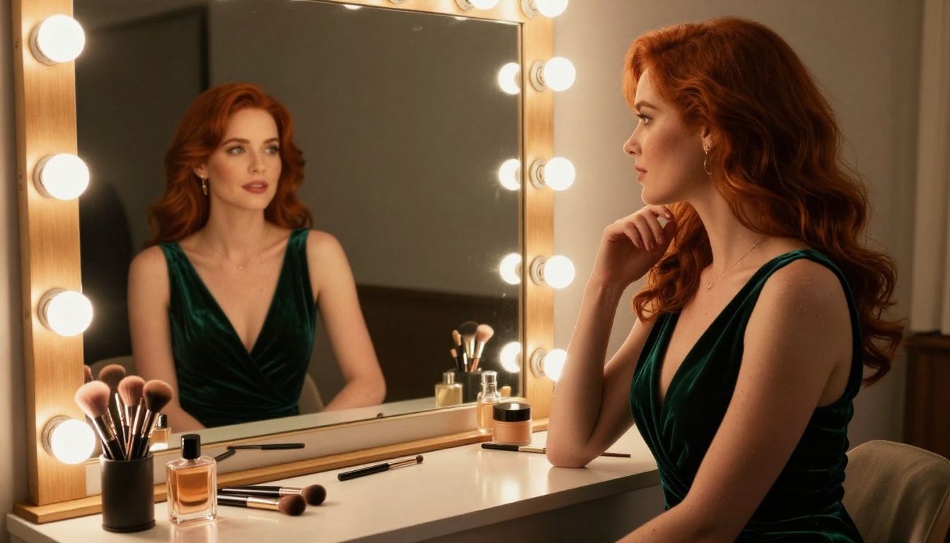Woman in an emerald velvet gown at a Hollywood vanity mirror