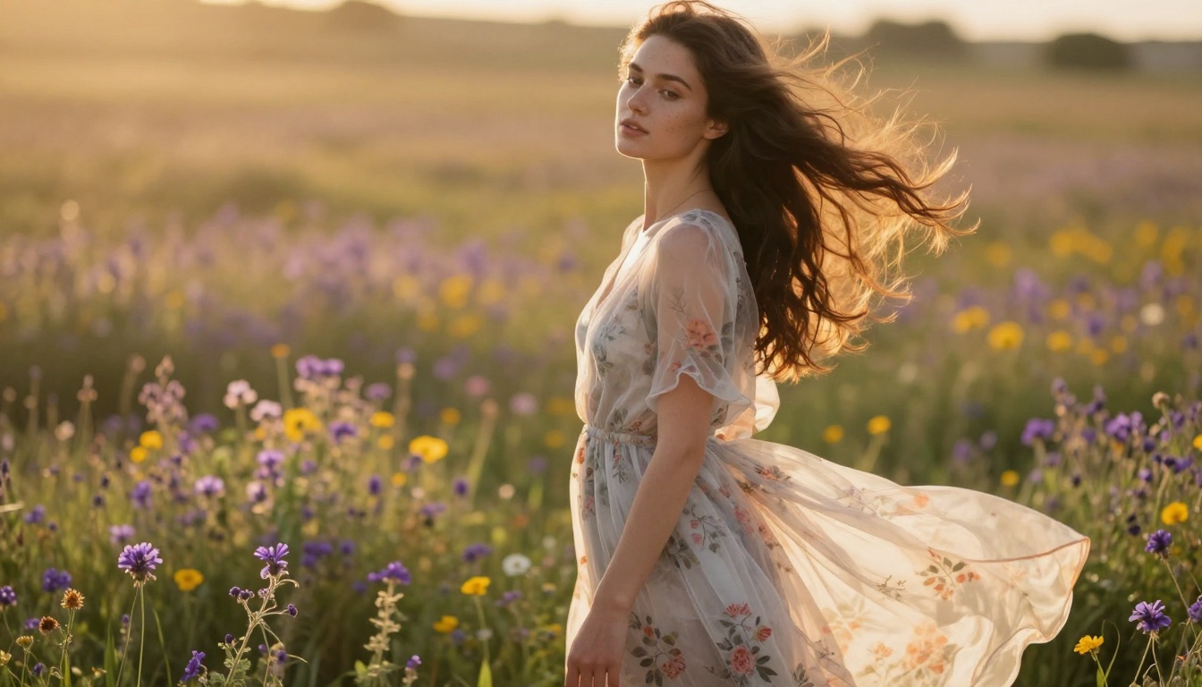 Woman in a sheer chiffon dress standing in a sunlit wildflower meadow