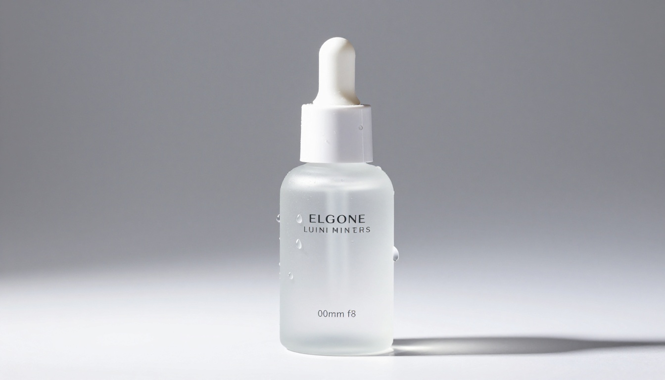 Skincare product bottle isolated on pure white background with commercial three-point studio lighting, water droplets on frosted glass surface catching light Skincare product bottle isolated on pure white background with commercial three-point studio lighting, water droplets on frosted glass surface catching light
