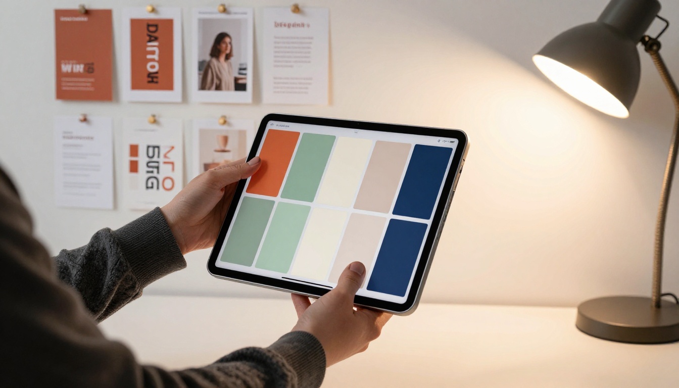 Brand designer holding iPad Pro with color palette swatches at wide creative desk, cork board with brand identity elements on wall, warm tungsten lamp Brand designer holding iPad Pro with color palette swatches at wide creative desk, cork board with brand identity elements on wall, warm tungsten lamp
