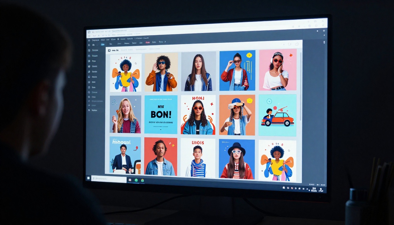 Dark studio room with large glowing 4K monitor showing AI generation interface with social media graphic gallery, screen glow as only light source Dark studio room with large glowing 4K monitor showing AI generation interface with social media graphic gallery, screen glow as only light source