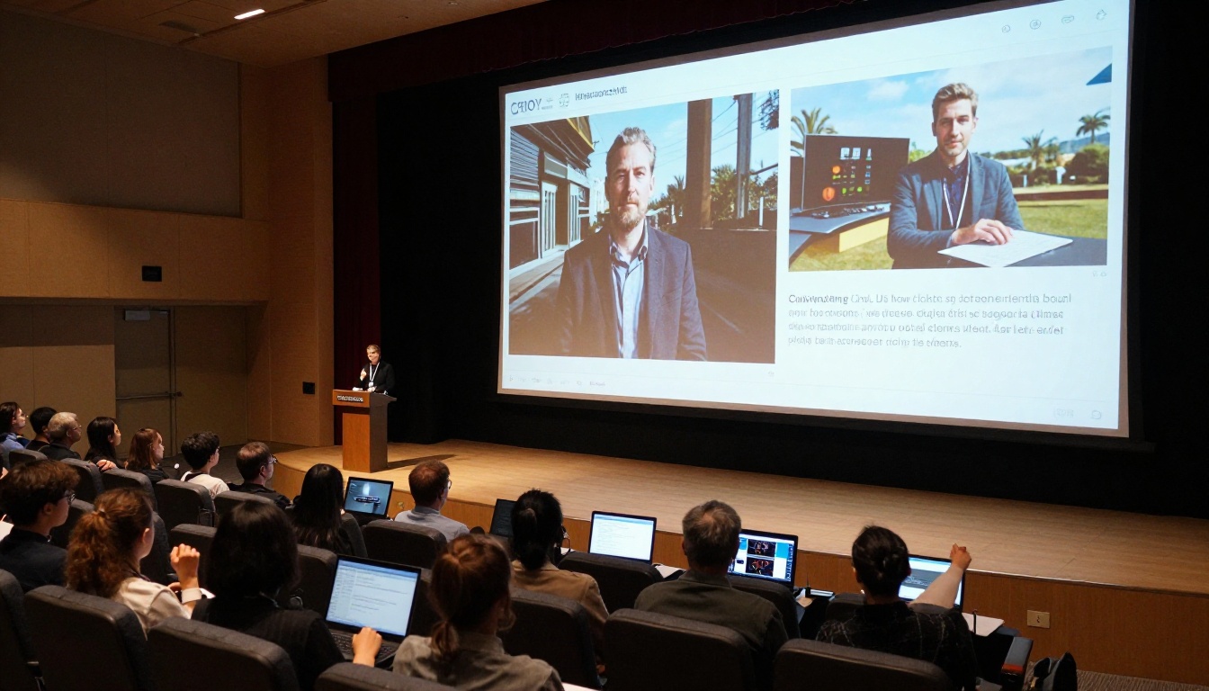 Tech conference showing AI image model benchmark results on a large screen