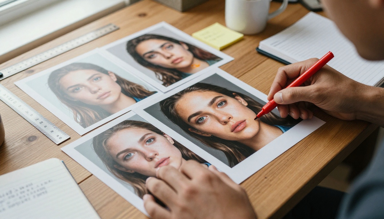 Creative professional reviewing printed AI-generated images on a desk