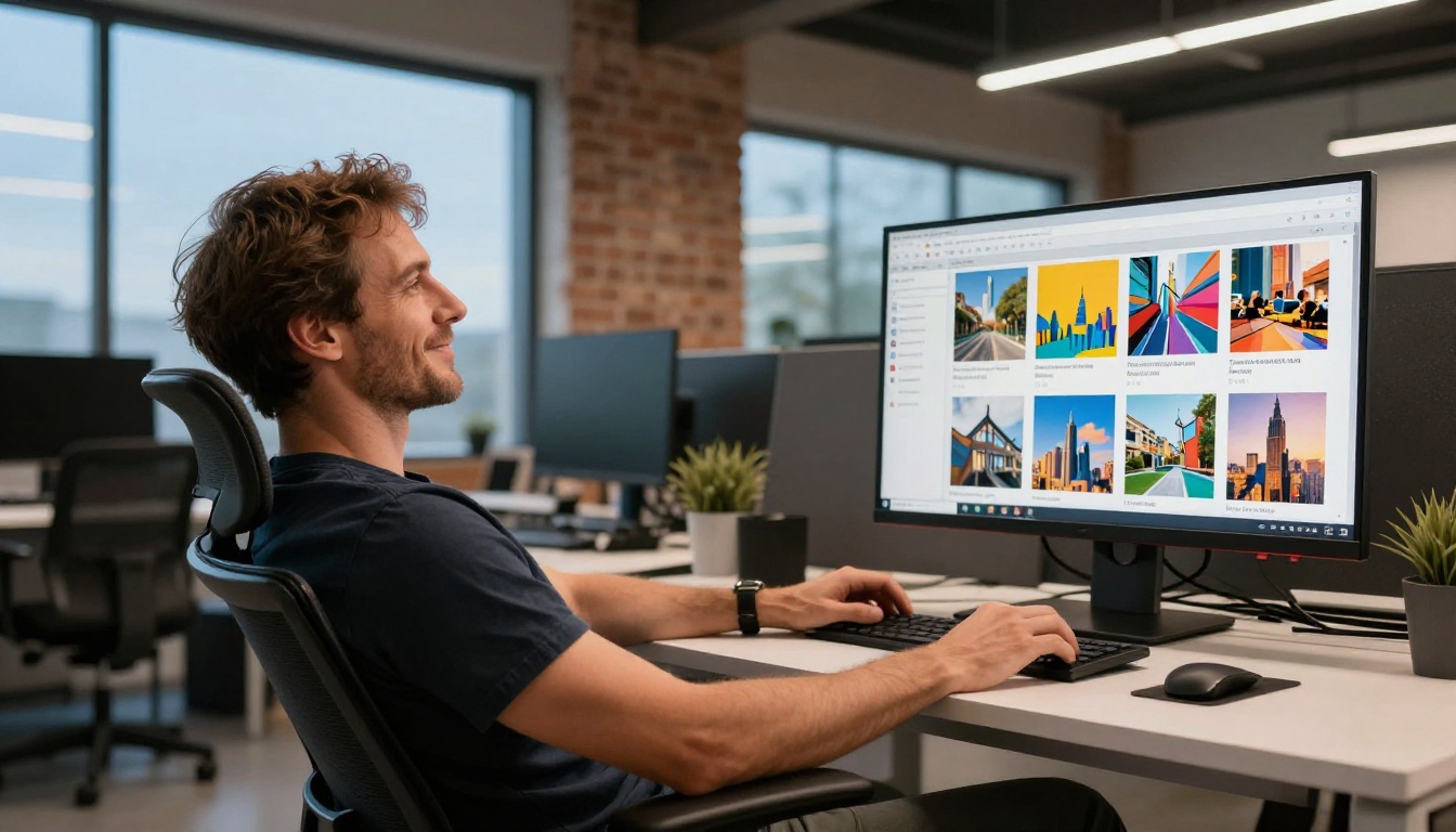 Creative professional in open-plan office with satisfied expression reviewing image gallery on widescreen monitor Creative professional in open-plan office with satisfied expression reviewing image gallery on widescreen monitor