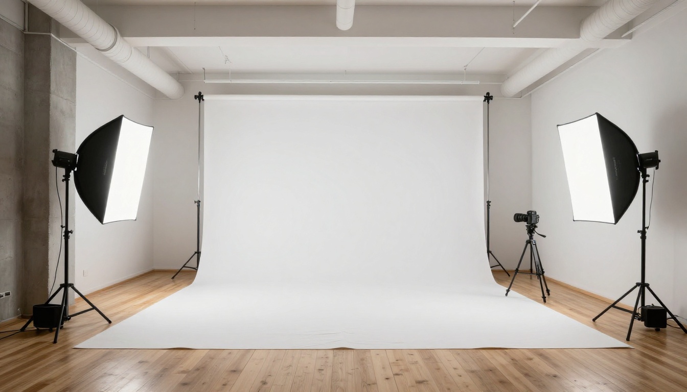 Minimalist photography studio interior with professional softbox lighting rigs and camera on tripod Minimalist photography studio interior with professional softbox lighting rigs and camera on tripod