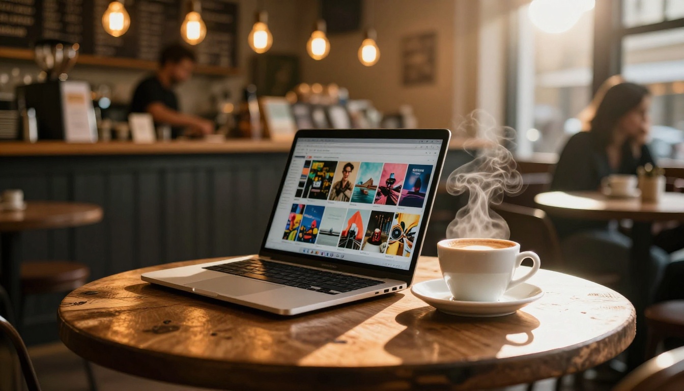 Atmospheric cozy coffee shop corner with open laptop showing image grid and ceramic espresso cup with steam Atmospheric cozy coffee shop corner with open laptop showing image grid and ceramic espresso cup with steam