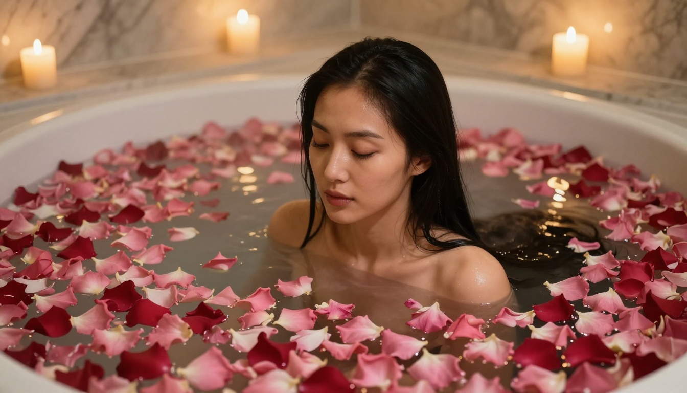 Woman with long black hair in luxury rose petal bath, warm candlelight ambiance, marble bathroom