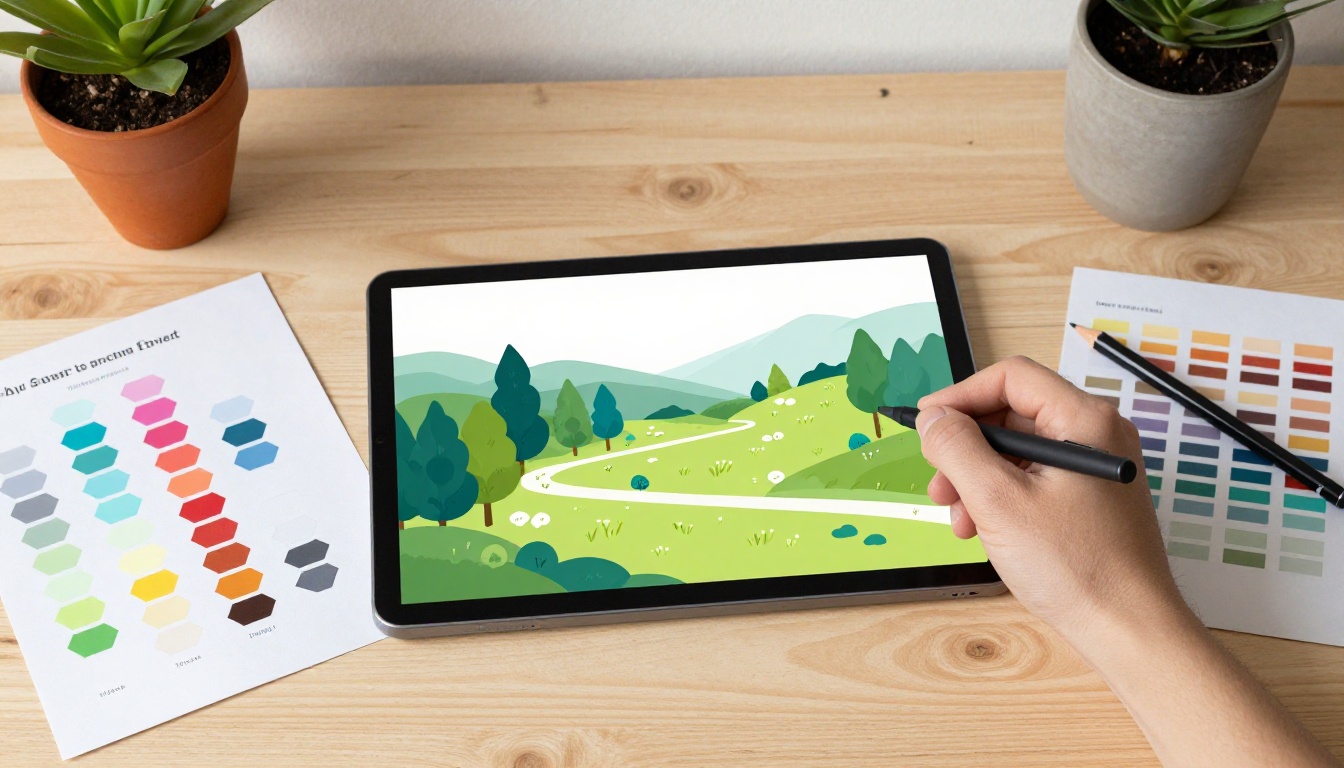 Aerial flat-lay view of a designer's organized workspace with a tablet showing AI-generated landscape artwork Aerial flat-lay view of a designer's organized workspace with a tablet showing AI-generated landscape artwork