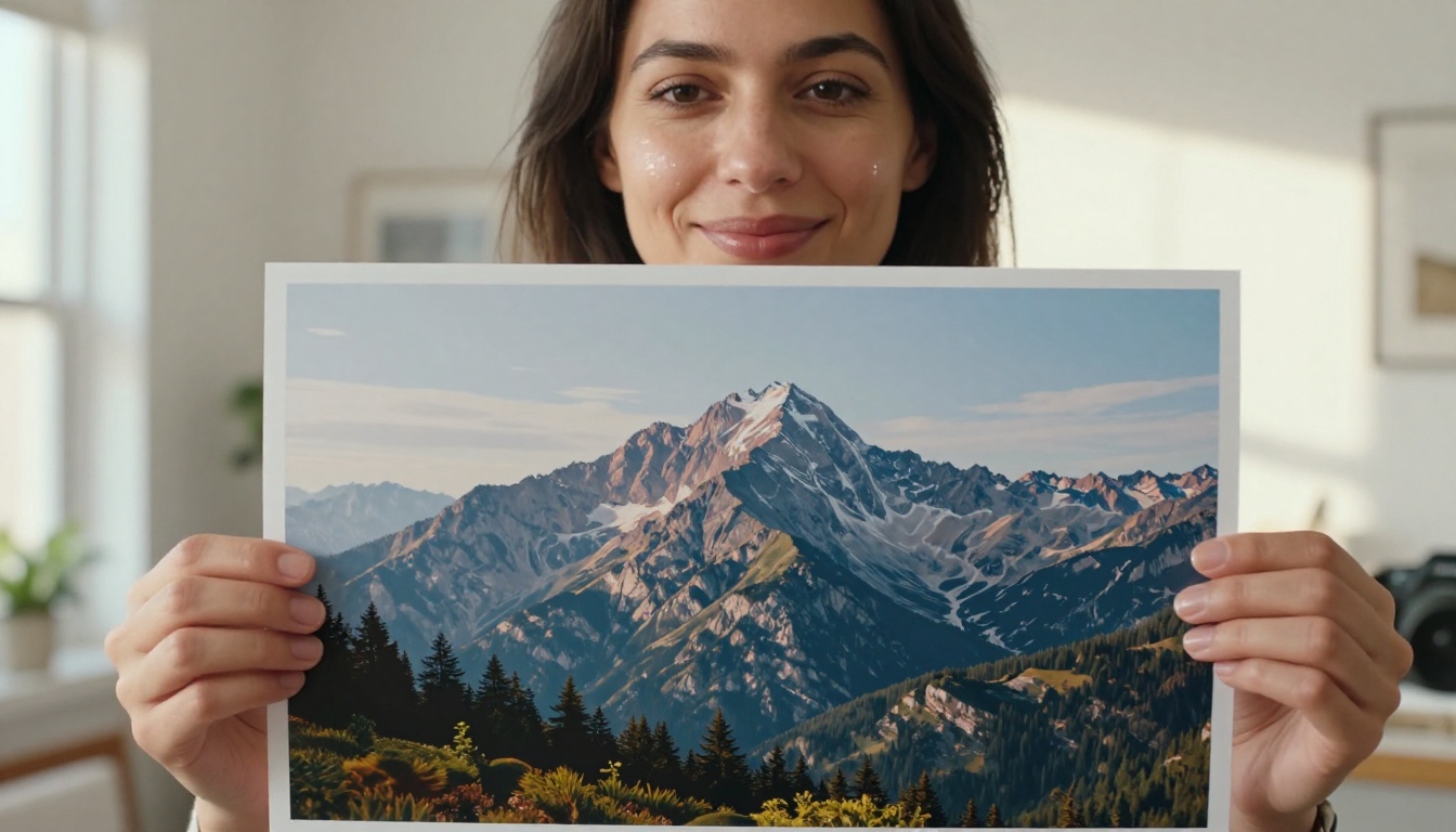 A smiling woman holding a large printed AI-generated mountain landscape photograph A smiling woman holding a large printed AI-generated mountain landscape photograph
