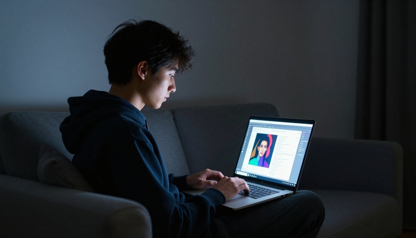 A young man on a sofa with a laptop showing an AI image generation interface glowing on screen A young man on a sofa with a laptop showing an AI image generation interface glowing on screen