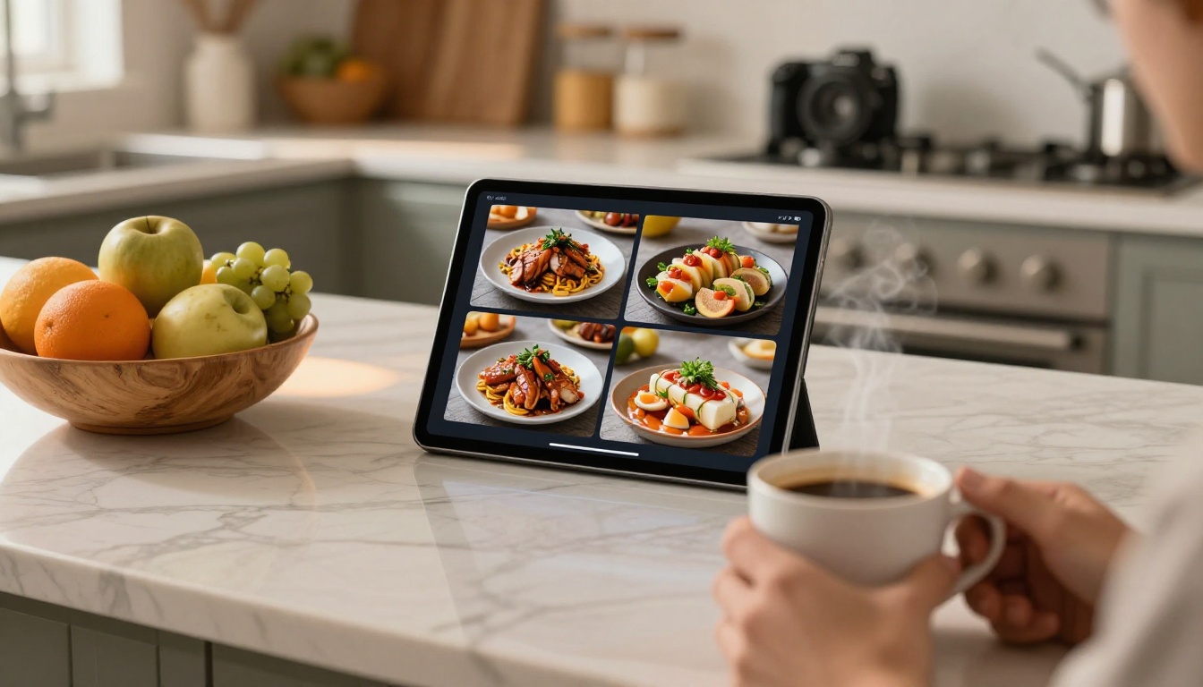 A modern kitchen counter with a tablet showing a grid of AI-generated food photography images A modern kitchen counter with a tablet showing a grid of AI-generated food photography images
