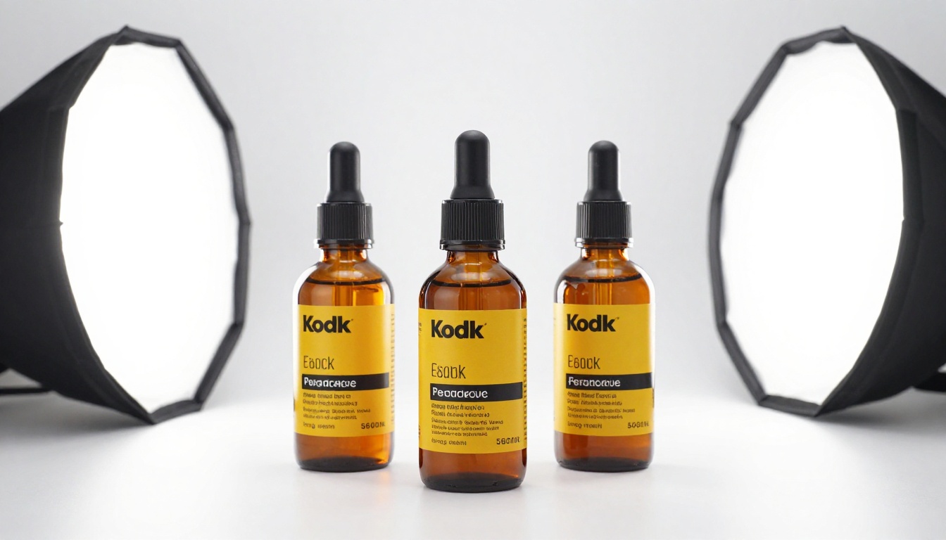 Three skincare bottles flat lay studio photography overhead