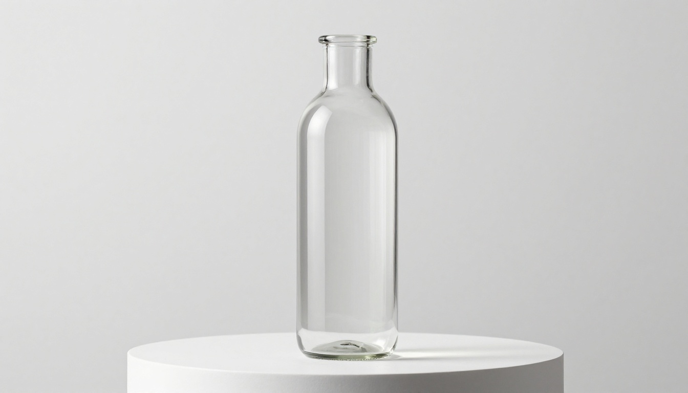 Minimalist glass water bottle on white podium studio lighting