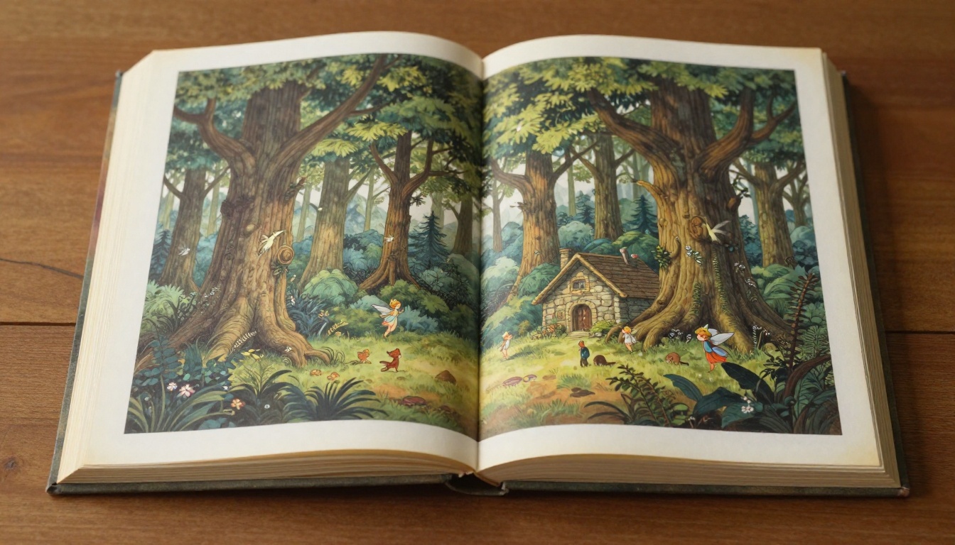 Open illustrated book on walnut table showing magical forest scene across two pages with rich painterly detail