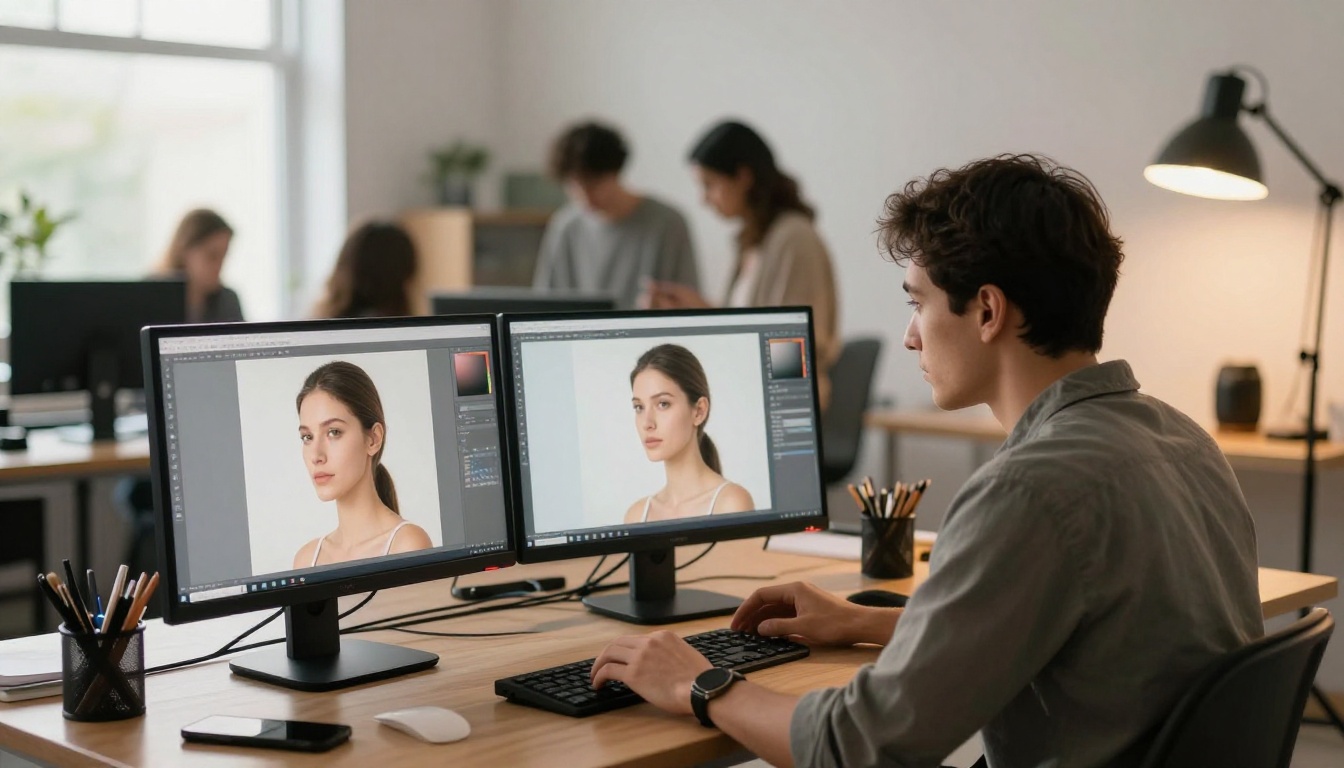 Professional photographer reviewing AI-generated product images at studio workstation