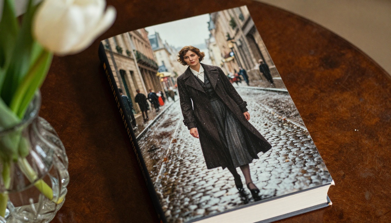 Literary fiction novel with beautifully rendered 1940s period portrait cover in rain-soaked European setting