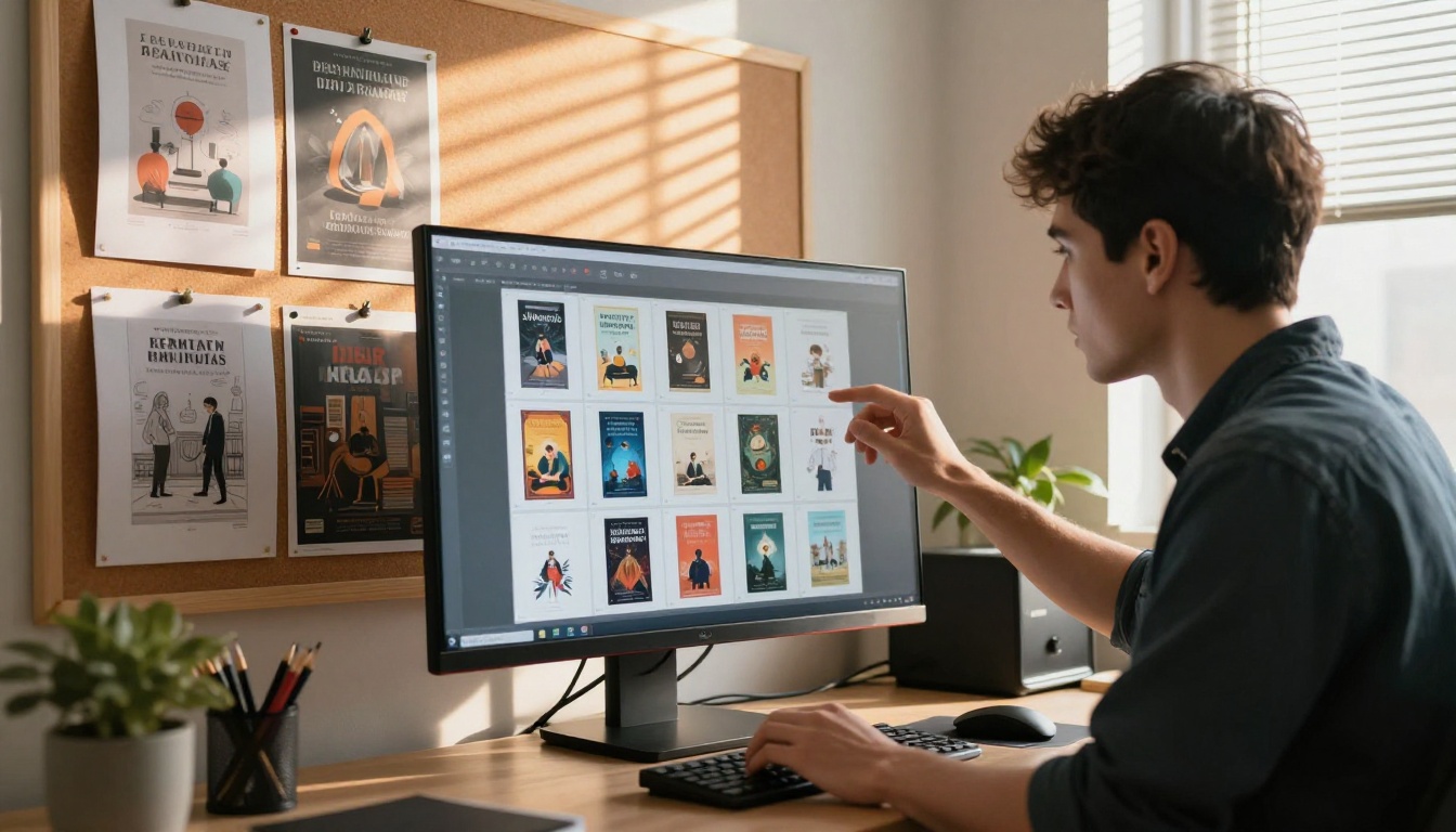 Graphic designer reviewing multiple AI-generated book cover concepts on professional monitor display