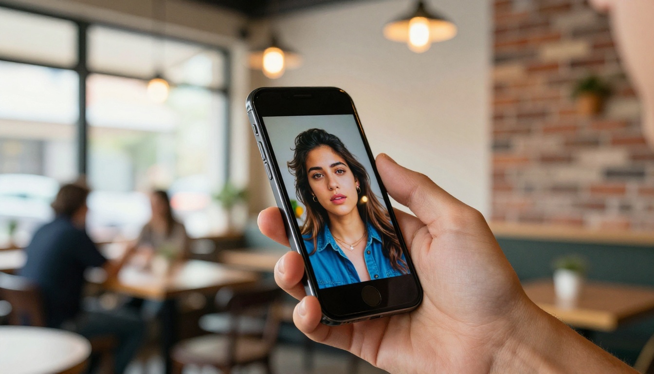 Hand holding a smartphone displaying a vibrant AI-generated portrait, warm cafe interior with exposed brick walls and pendant Edison bulbs softly blurred in background Hand holding a smartphone displaying a vibrant AI-generated portrait, warm cafe interior with exposed brick walls and pendant Edison bulbs softly blurred in background