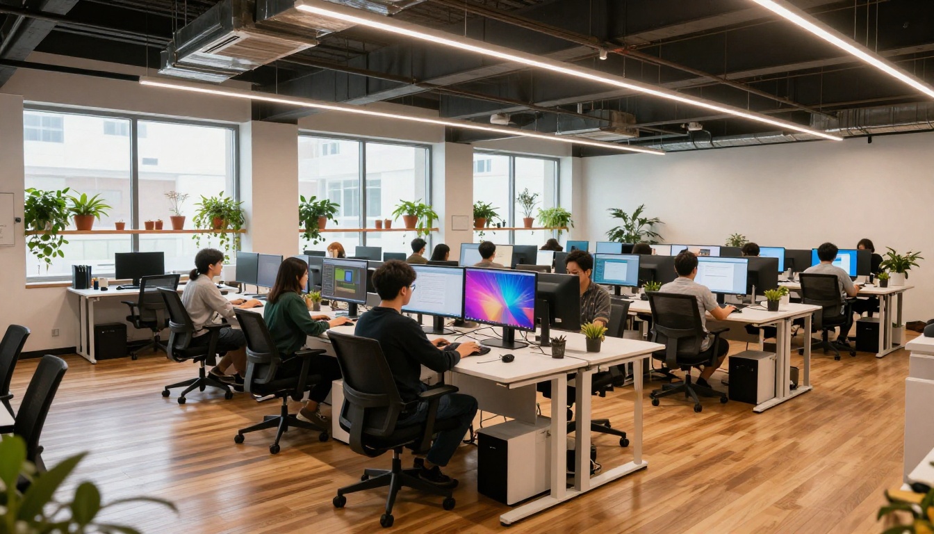 Wide shot of a modern tech startup open office space with creative professionals working at standing desks with large monitors, industrial ceiling with track lighting and windows along the back wall Wide shot of a modern tech startup open office space with creative professionals working at standing desks with large monitors, industrial ceiling with track lighting and windows along the back wall