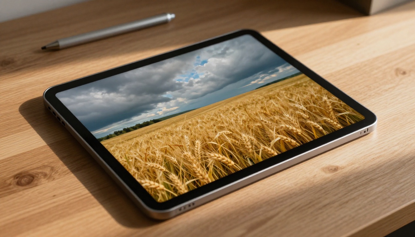 Low-angle close-up of a tablet lying flat on a wooden desk displaying a vibrant AI-generated landscape of golden wheat fields under dramatic clouds, stylus resting diagonally across the corner Low-angle close-up of a tablet lying flat on a wooden desk displaying a vibrant AI-generated landscape of golden wheat fields under dramatic clouds, stylus resting diagonally across the corner