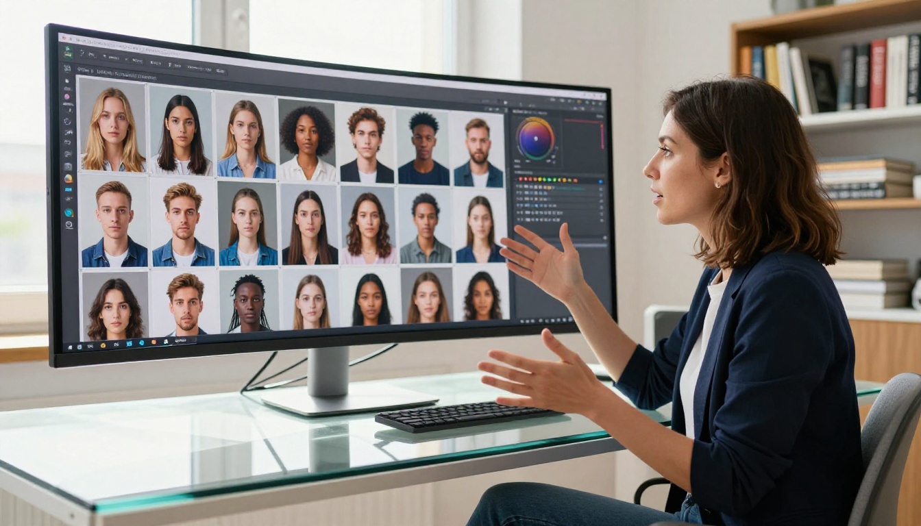 Woman seated at a glass-top standing desk gesturing toward a large curved monitor showing a grid of AI-generated photographic portraits in a comparison interface, natural overhead daylight from a skylight Woman seated at a glass-top standing desk gesturing toward a large curved monitor showing a grid of AI-generated photographic portraits in a comparison interface, natural overhead daylight from a skylight