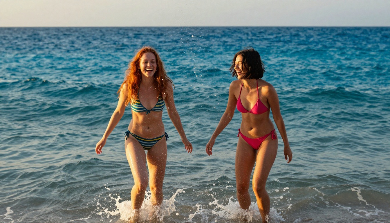 Two women laughing and splashing each other in the ocean shallows at golden hour, photorealistic RAW photography