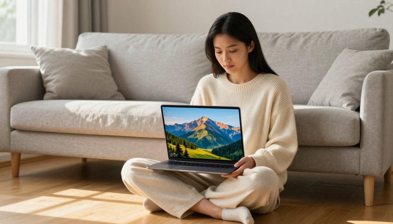 Woman sitting on a couch browsing AI-generated landscape on laptop