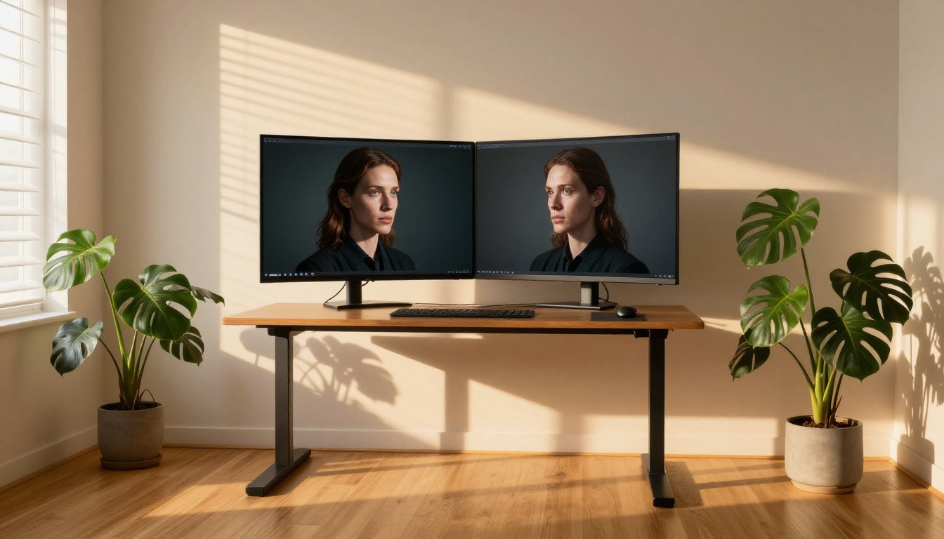 Home office with dual monitors displaying AI-generated image comparisons