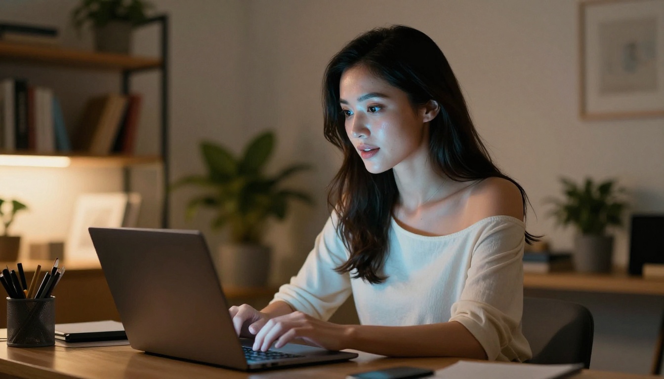 Woman working at a laptop in a softly lit home studio, monitor glow adding cinematic quality