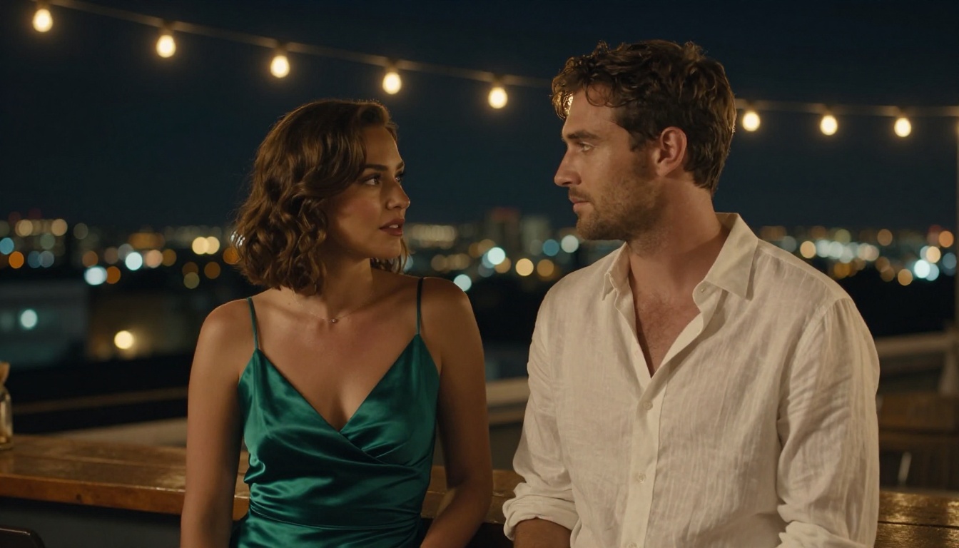 Cinematic night scene on a rooftop bar terrace, city lights bokeh, warm string light ambiance