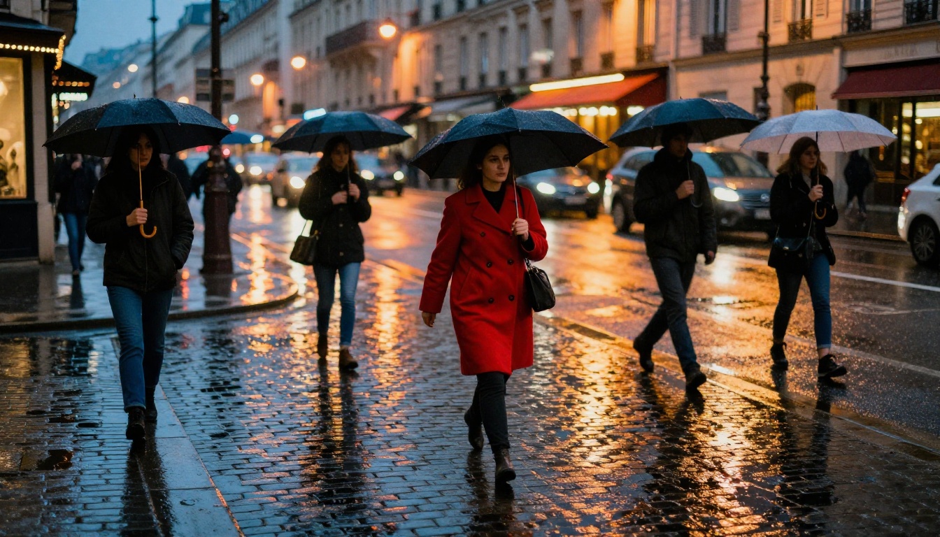 Rainy Parisian cobblestone street at night, woman in red coat sharply focused against warm neon bokeh, photorealistic documentary street photography