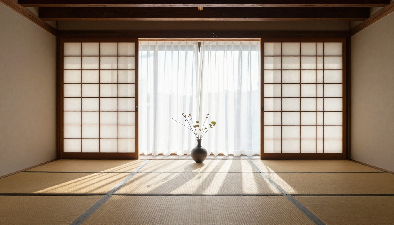 Minimal Japanese wabi-sabi interior at dawn with crosshatch shoji shadow patterns on tatami and floating dust particles in light beam