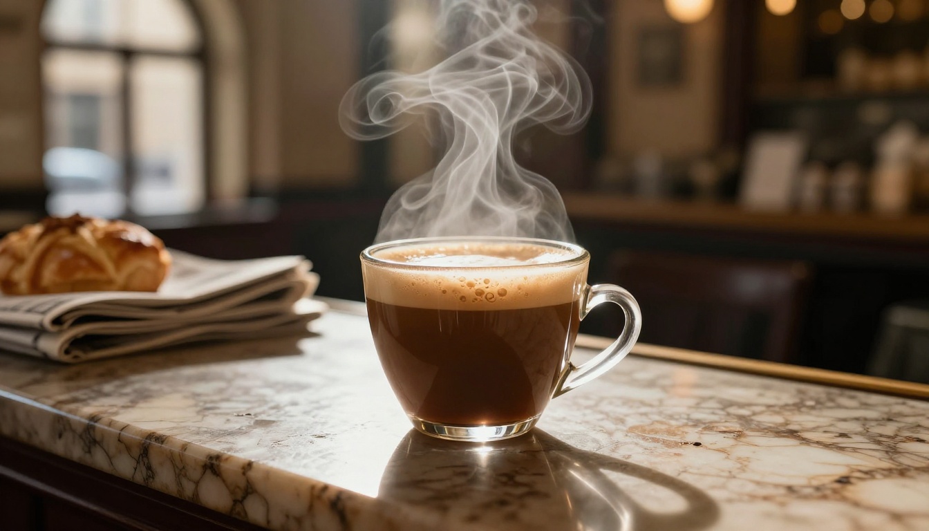 Steaming espresso on aged marble café counter, dramatic sidelight creating backlit steam vapor, photorealistic still life