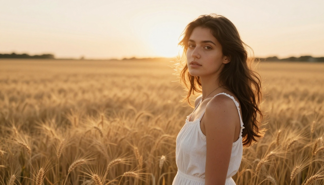 Golden hour environmental portrait of woman in vast wheat field with natural backlight halo through hair, photorealistic Kodak Portra film grain