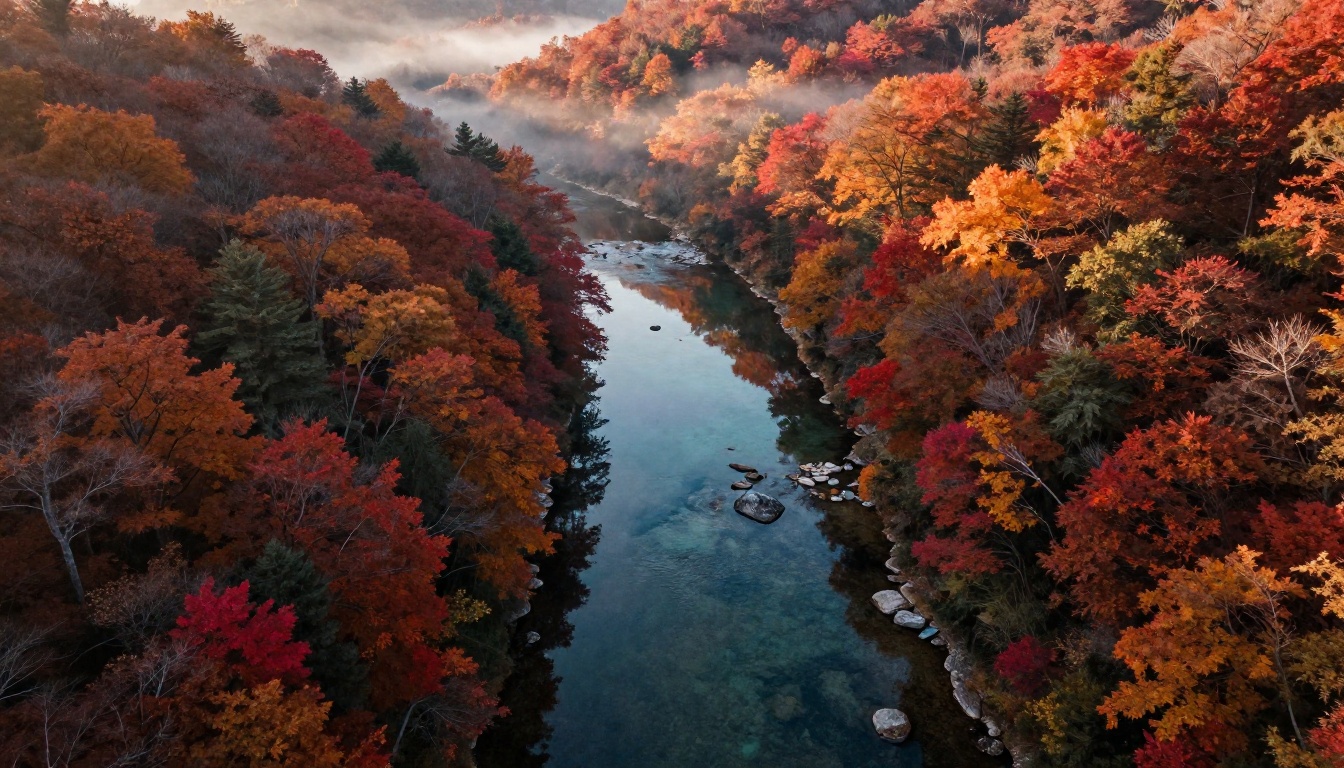 Aerial drone view of autumn forest with winding river and photorealistic water reflections below Aerial drone view of autumn forest with winding river and photorealistic water reflections below