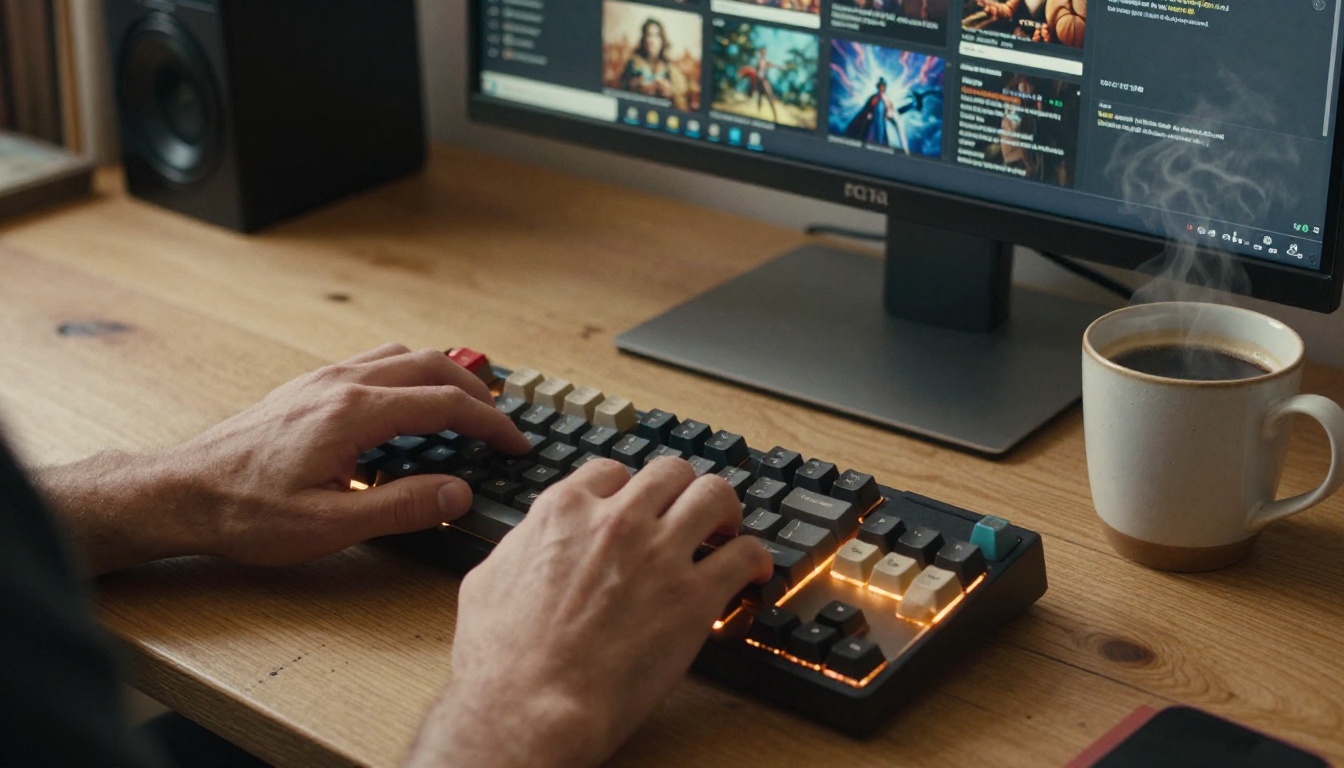 Documentary-style photograph of hands on keyboard researching AI image models alongside a coffee Documentary-style photograph of hands on keyboard researching AI image models alongside a coffee