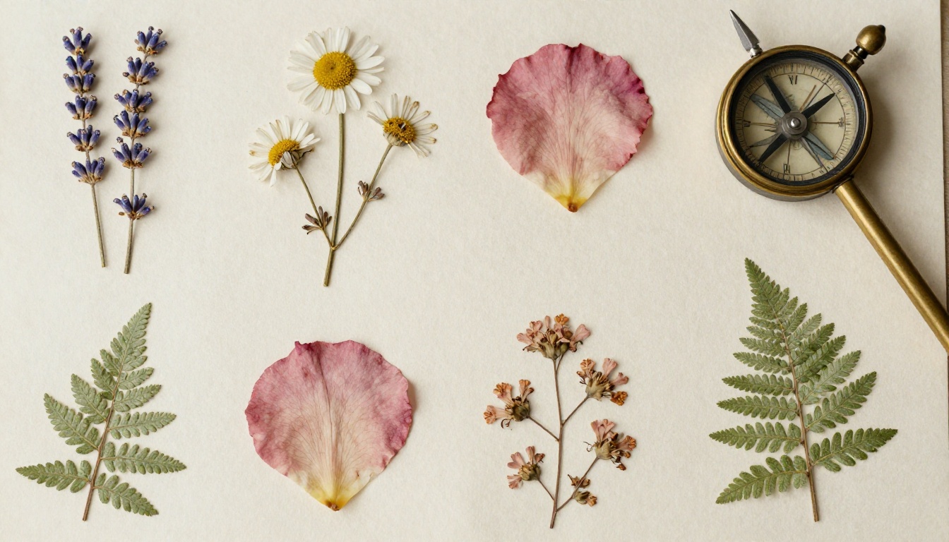 Pressed botanical specimens on aged cream parchment with watercolor accents and a vintage quill pen