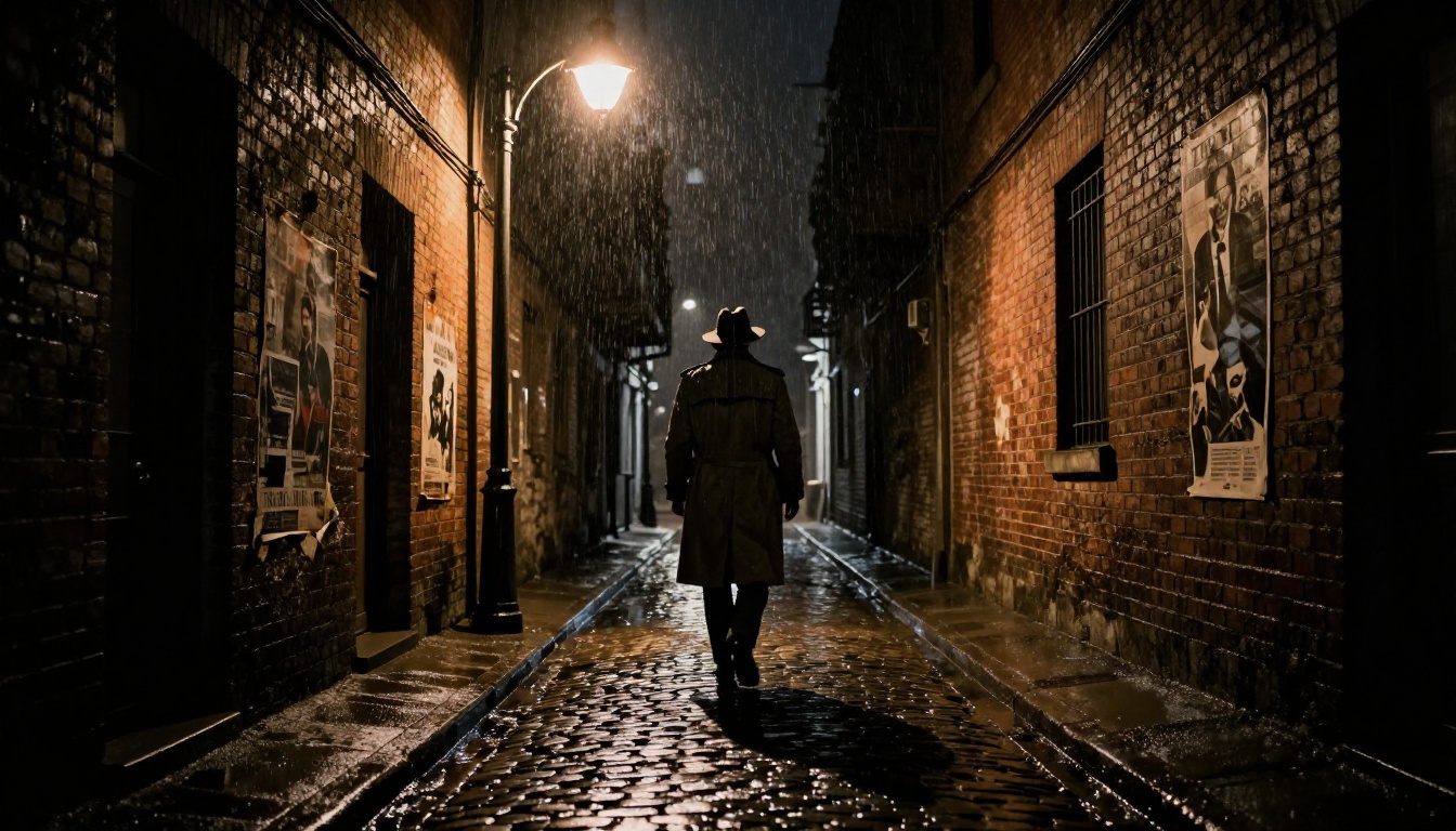 A narrow rain-slicked noir alley at night with amber streetlamp and a lone figure in a trench coat