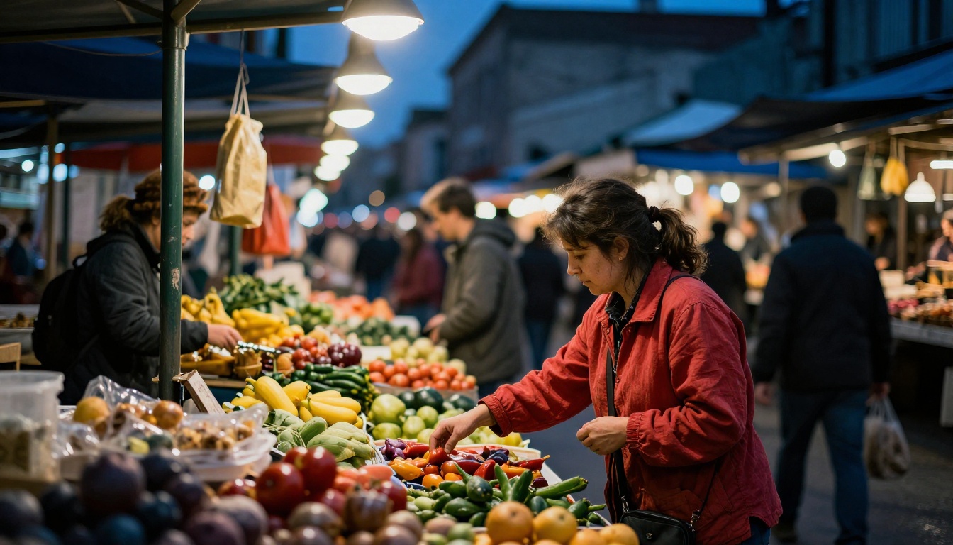 Street photography scene at an urban dusk market with photorealistic skin tones and atmospheric lighting Street photography scene at an urban dusk market with photorealistic skin tones and atmospheric lighting