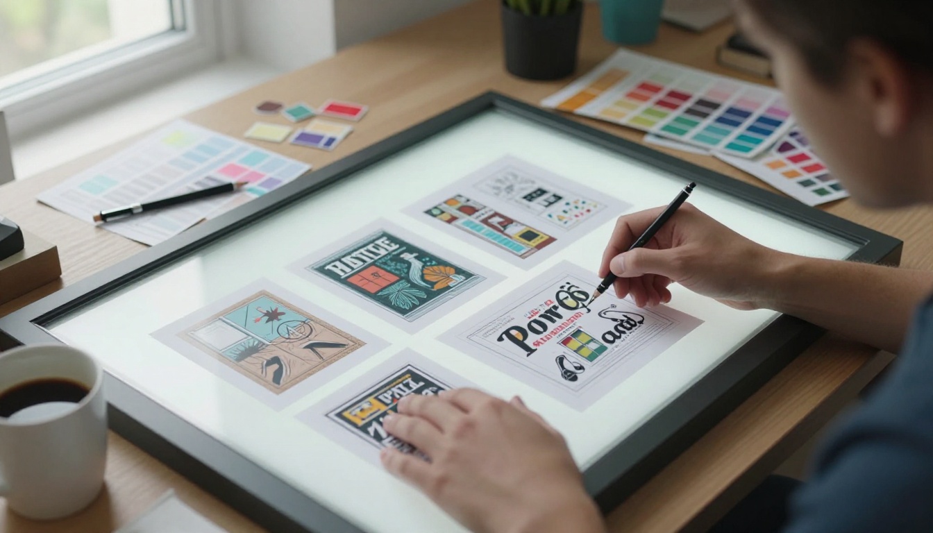 A professional designer comparing printed book cover layouts on an illuminated lightbox table