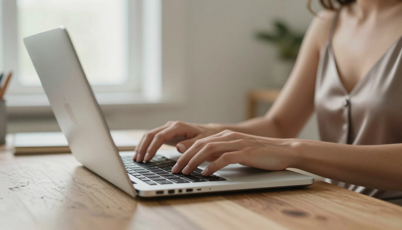 Elegant manicured hands typing on laptop with blurred feminine silhouette in background