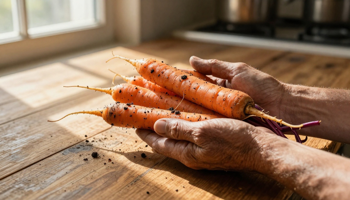 Documentary close-up of weathered hands holding freshly harvested vegetables over a farmhouse table Documentary close-up of weathered hands holding freshly harvested vegetables over a farmhouse table