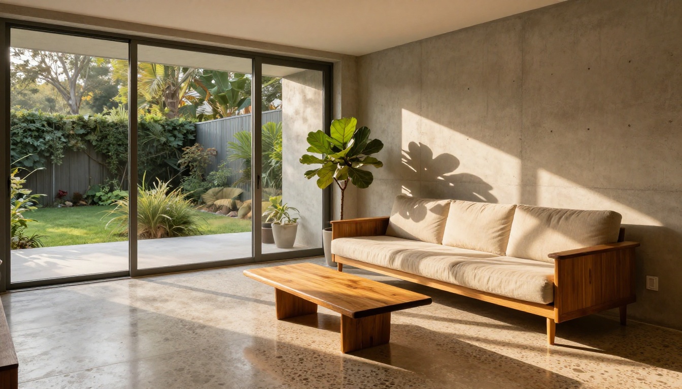Mid-century modern interior with warm afternoon sunlight streaming through floor-to-ceiling glass doors Mid-century modern interior with warm afternoon sunlight streaming through floor-to-ceiling glass doors