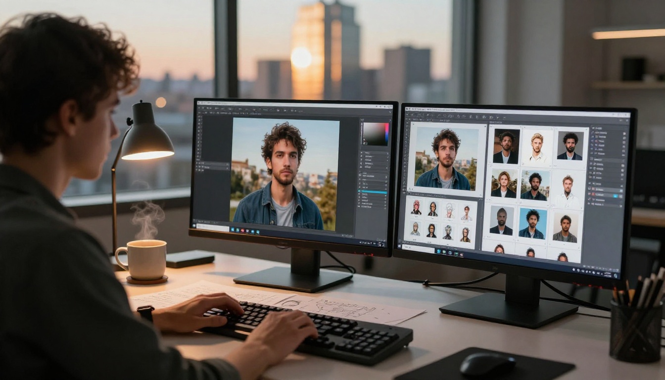 Creative professional working at dual monitors with AI image generation software, cityscape bokeh behind Creative professional working at dual monitors with AI image generation software, cityscape bokeh behind