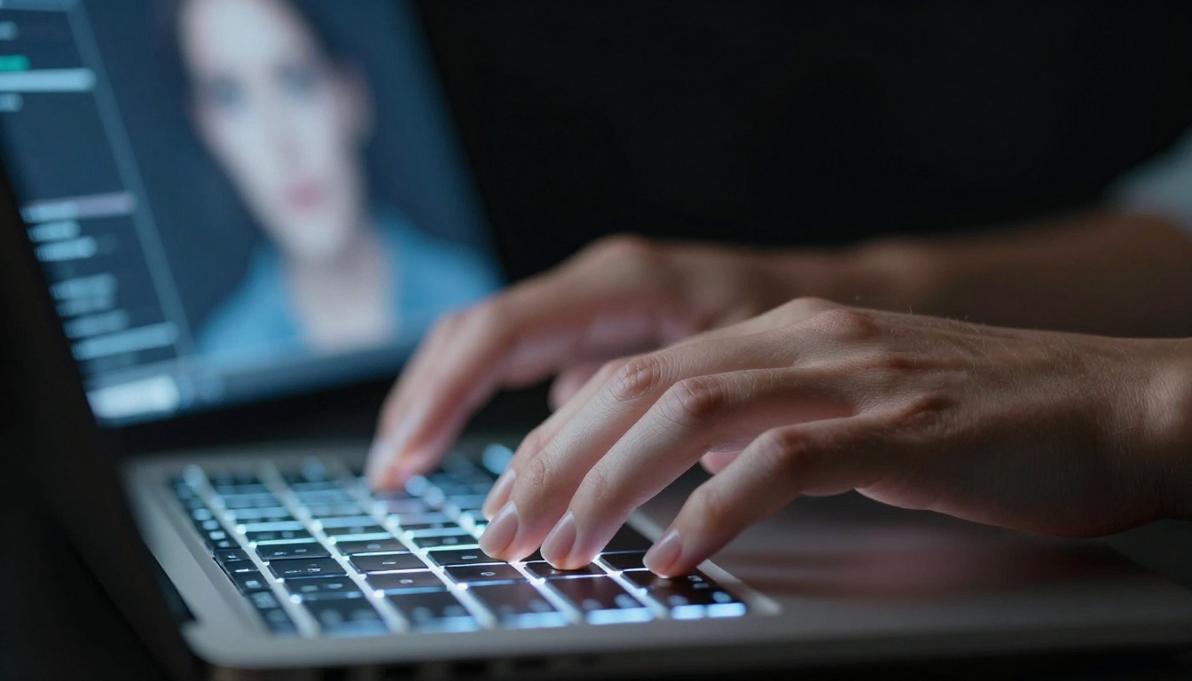 Close-up of woman's hands typing on glowing laptop keyboard in dark studio