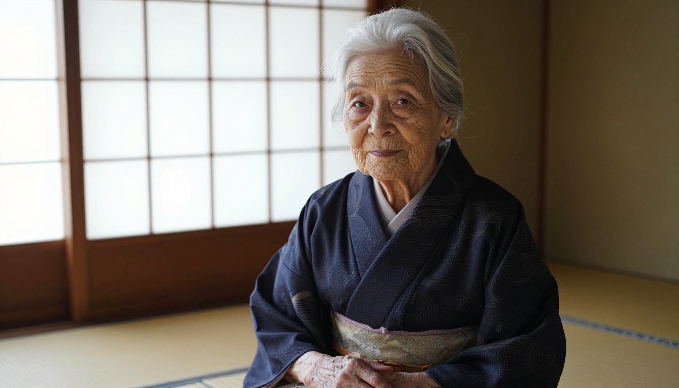 Elderly Japanese woman in a traditional tatami room with silver hair catching soft shoji window light, individual hair strands resolved with natural wave patterns